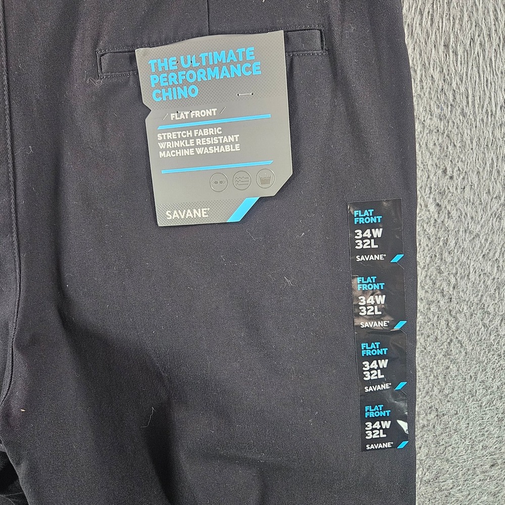 Savane Ultimate Performance Chino Mens 34x32 Black Flat Front Stretch Pants NEW